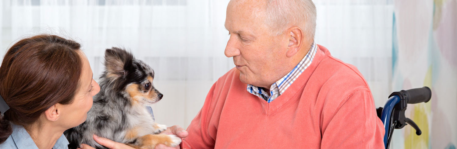 Nurse and patient with therapy dog.